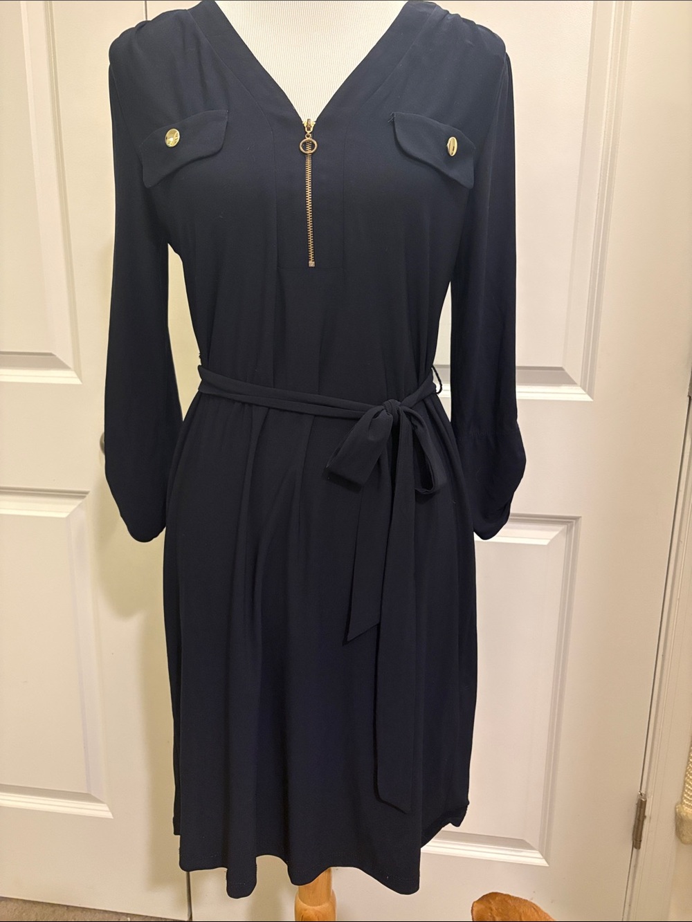 Emma & Michele Navy Long-Sleeve Shirt Dress with Gold Zip